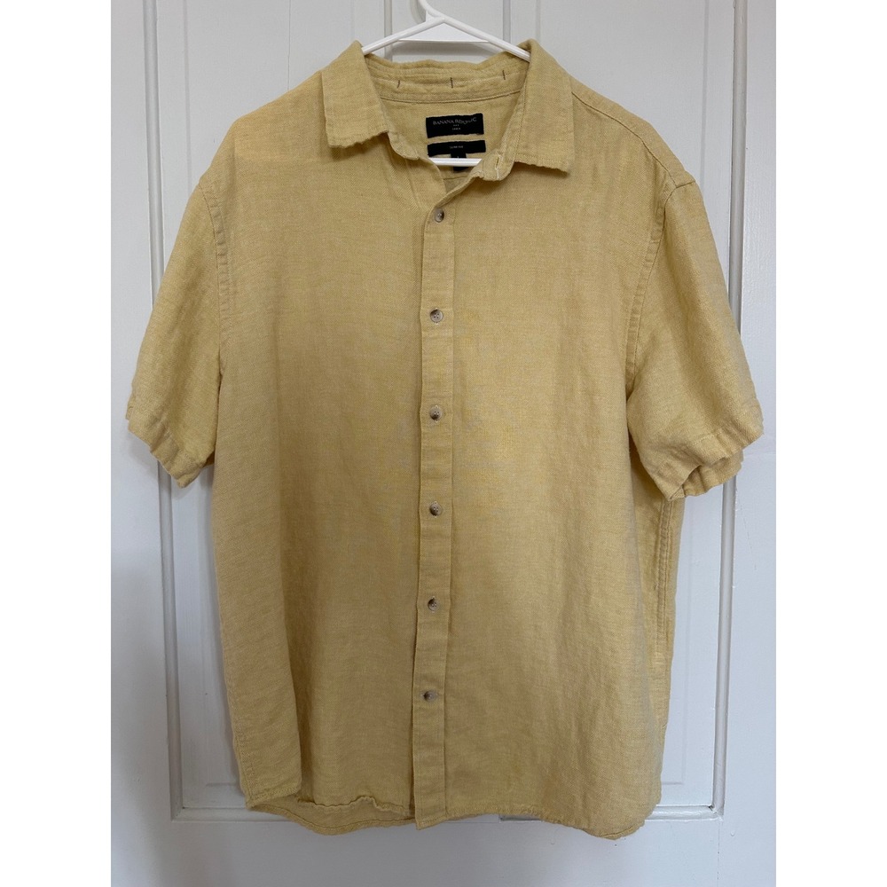 Banana Republic Mens Slim Fit Linen Cotton Short Sleeve Shirt Yellow Large